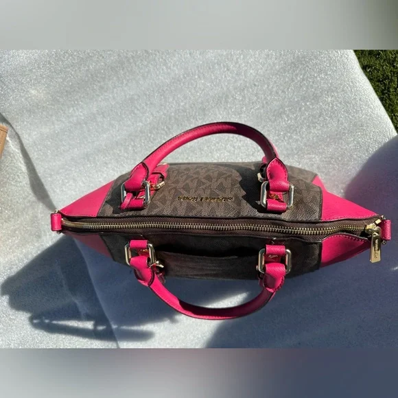 Michael Kors Ciara Large Satchel – Signature Logo Canvas & Hot Pink Leather - Picture 7 of 14